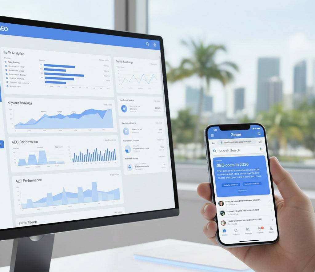 Comprehensive SEO Performance and AEO Dashboard Alt Text: A high-resolution desktop monitor displaying a white-themed SEO analytics interface with multiple data modules for "Traffic Analytics," "Keyword Rankings," and "AEO Performance." In the foreground, a person holds a smartphone showing a Google search page with the headline "SEO costs in 2026," highlighting the shift toward Answer Engine Optimization.