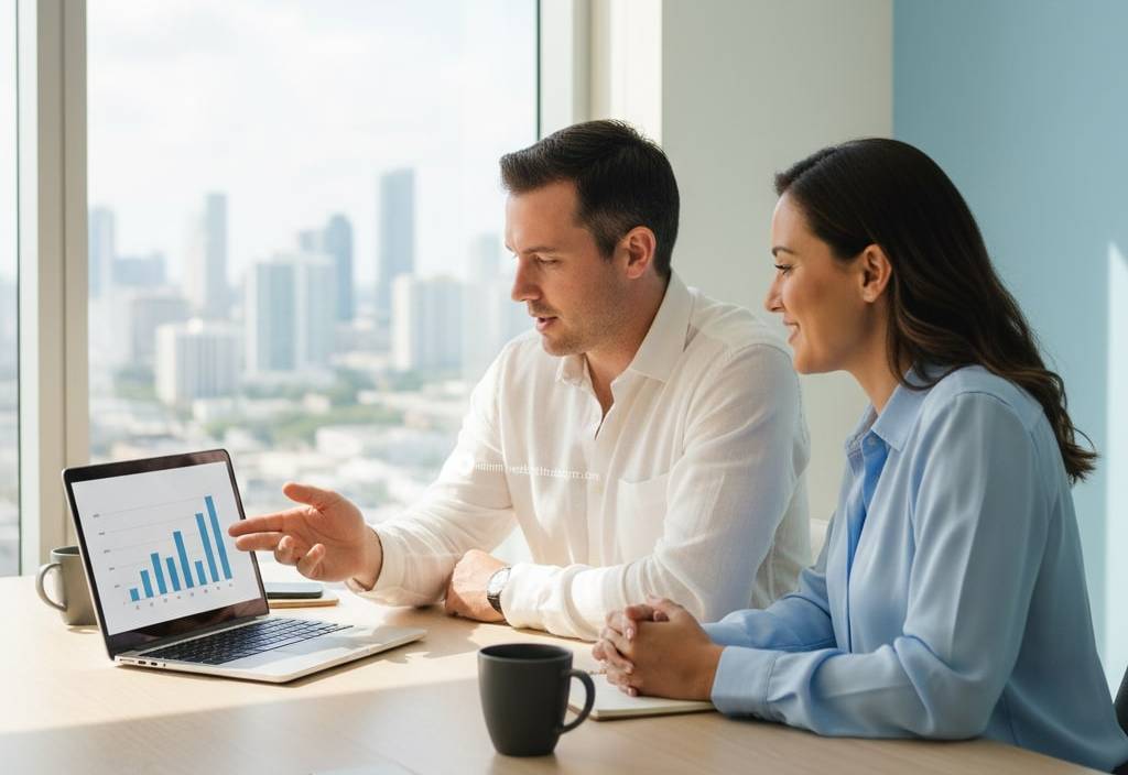 An SEO consultant in a white dress shirt sits at a wooden desk, pointing to an upward-trending bar graph on a laptop screen. He is explaining strategic growth data to a female client in a light blue long-sleeve shirt. A large window in the background shows a bright city skyline, representing a high-level strategy and audit session.