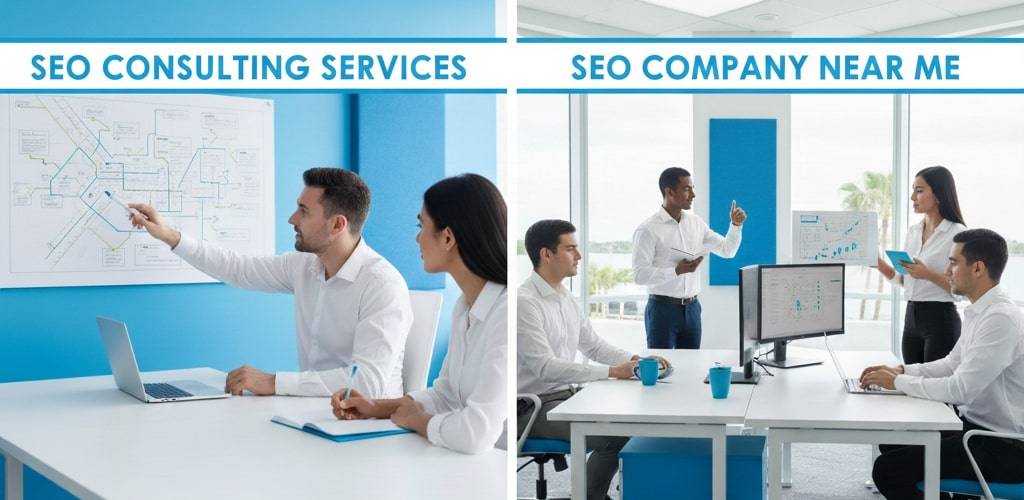 A split-screen comparison image. The left side, labeled "SEO CONSULTING SERVICES," shows a man pointing to a complex strategy map on a whiteboard during a meeting. The right side, labeled "SEO COMPANY NEAR ME," shows a team of three professionals working together at an integrated workstation with multiple monitors, illustrating the difference between advisory and execution.