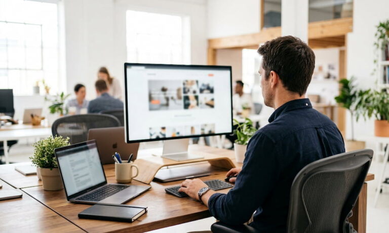A man sitting at a wooden desk in a bright, modern open-plan office, working on a large computer monitor.