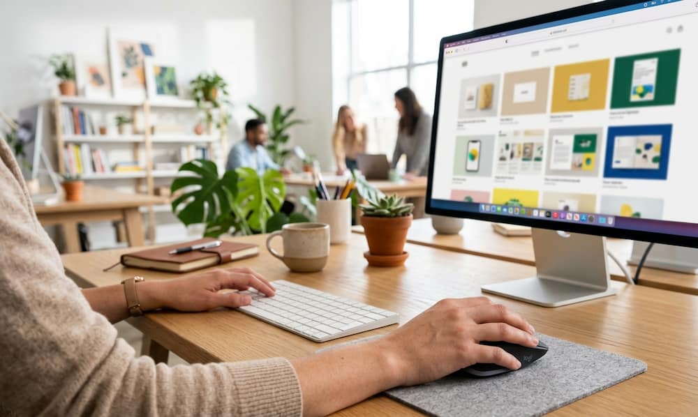 Close-up of hands typing at a desk with a computer monitor showing a website layout in a bright office.